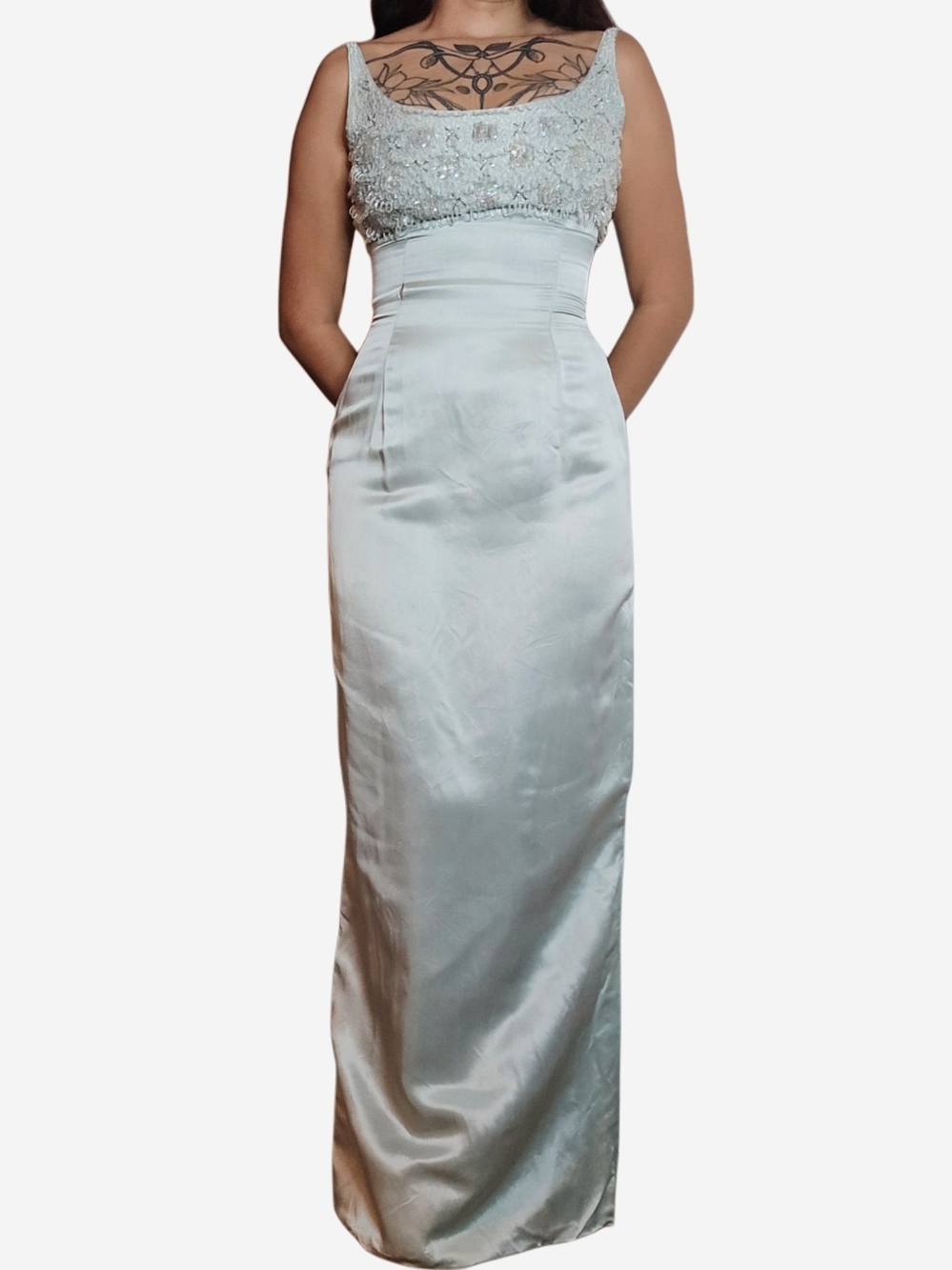 Vintage Elegant Beaded Mint Green Column Evening Dress!